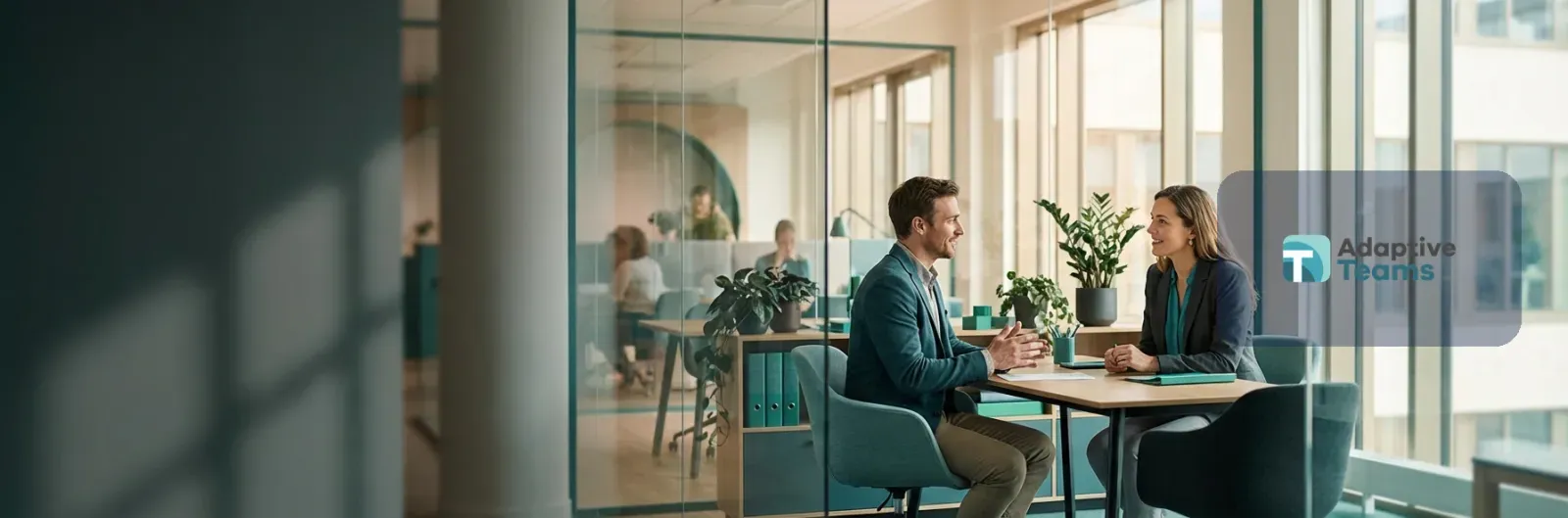 Two colleagues talk at a table in a glass-walled meeting room