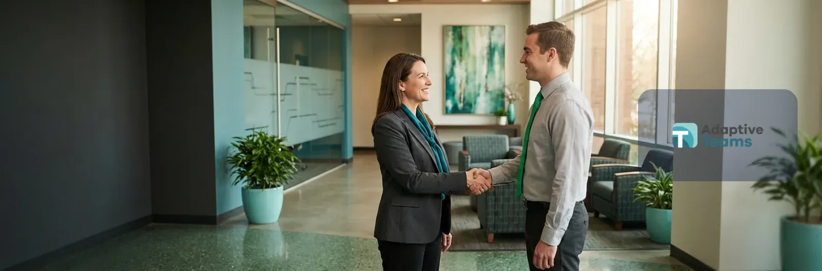 Two professionals shake hands in an office lobby