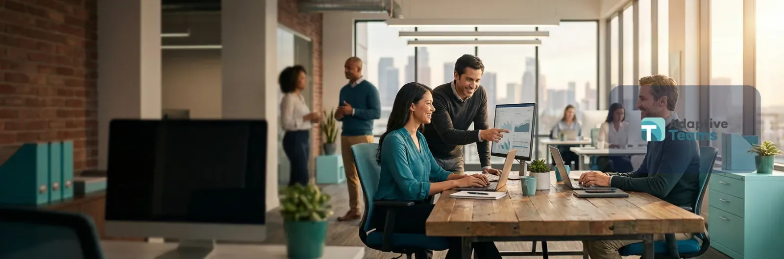 A team works on laptops around a long table in an open office