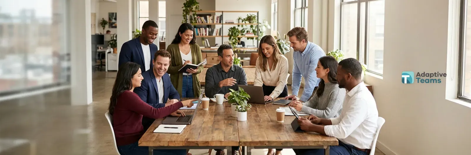 A team sits around a wooden meeting table going over notes