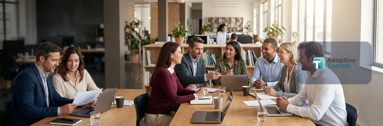 A team reviews printed documents at a shared table