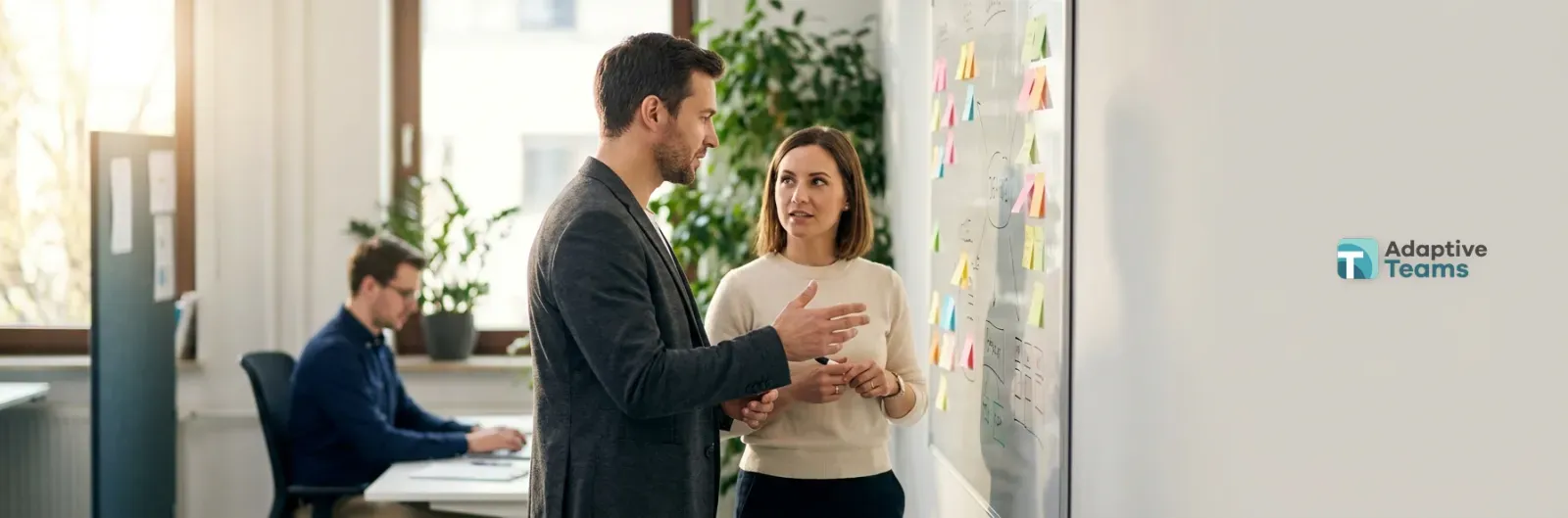Two colleagues talk in front of a whiteboard covered in sticky notes