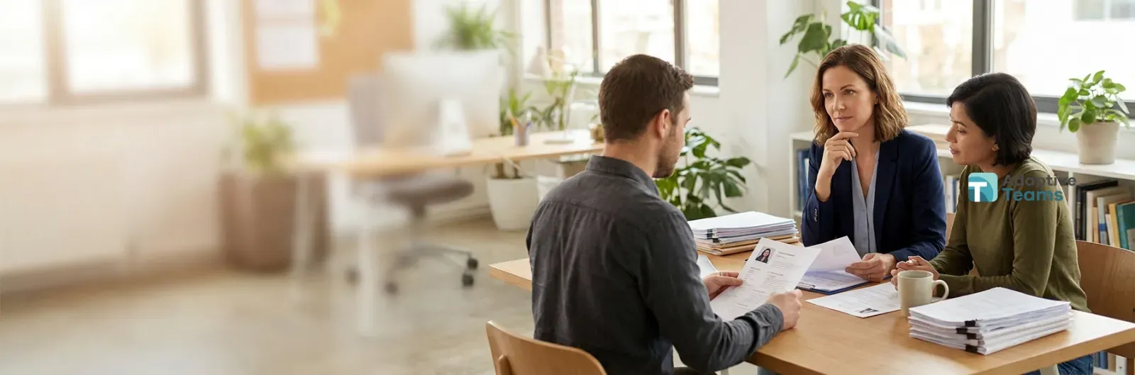 Three people review papers across a desk