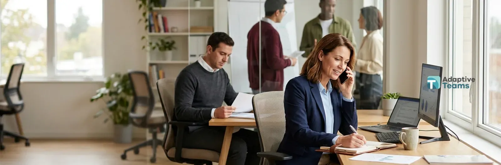 A woman on a call takes notes at her desk while a colleague works beside her
