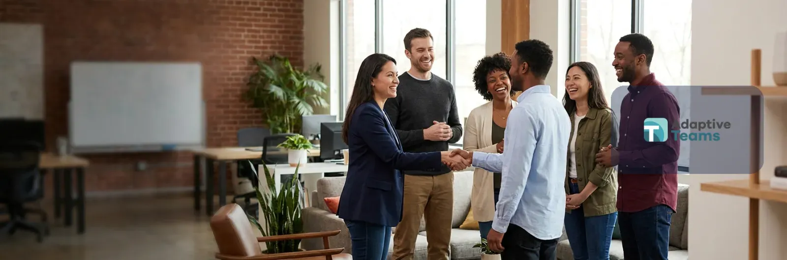 Colleagues shake hands as a team gathers in an office