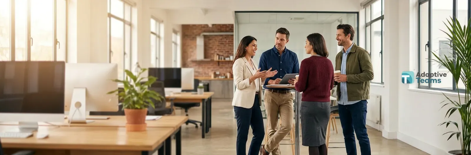 Four colleagues talk at a standing desk