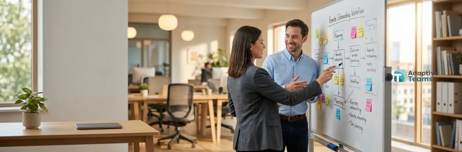 Two colleagues plan at a whiteboard covered in notes