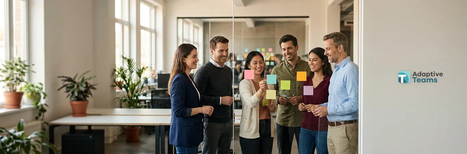 A team planning a hire with sticky notes on a glass wall