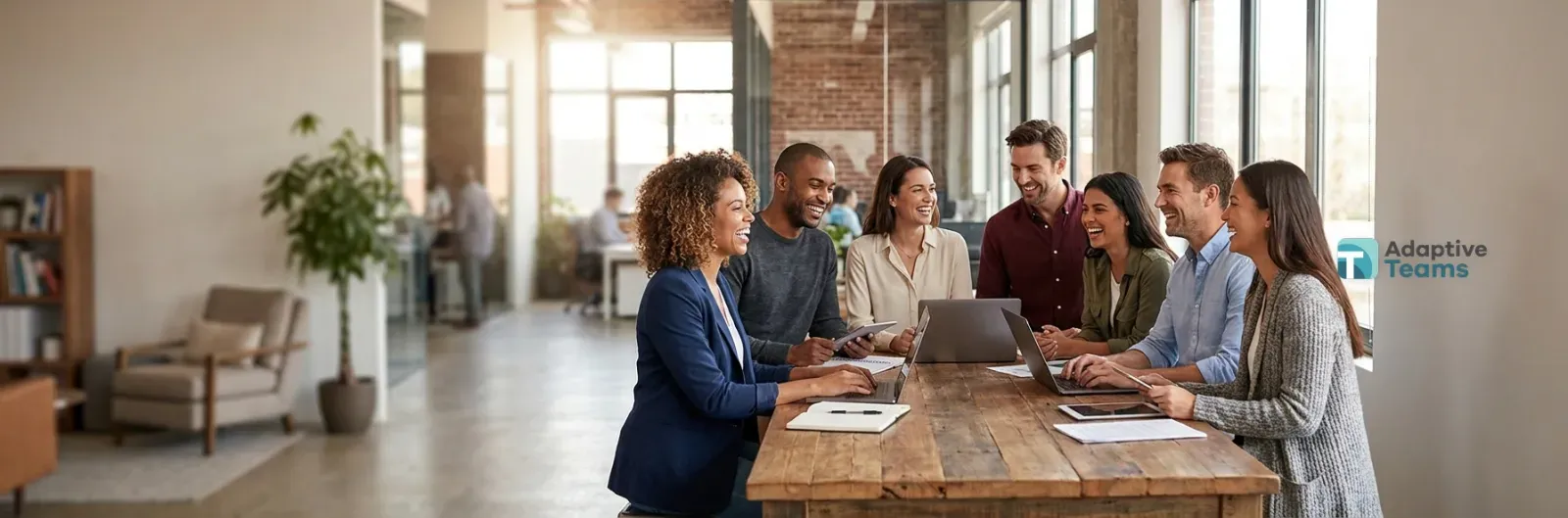 A group meets around a long table with laptops