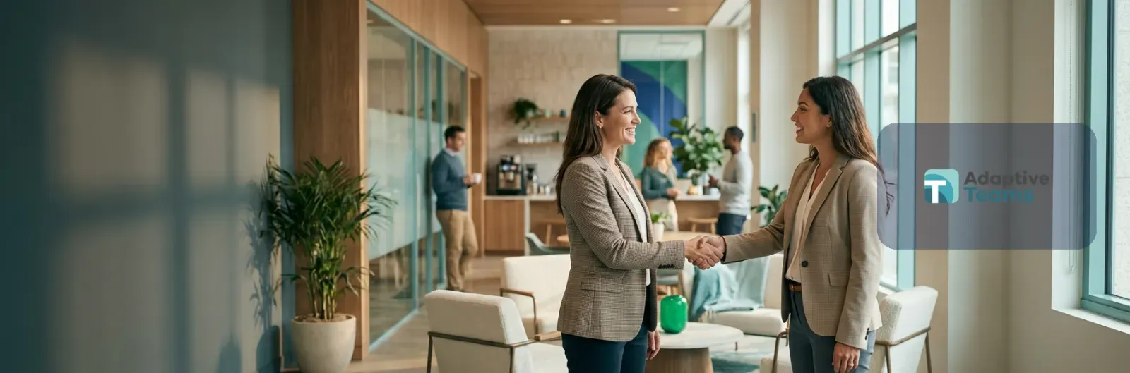 Two women shake hands in an office lounge