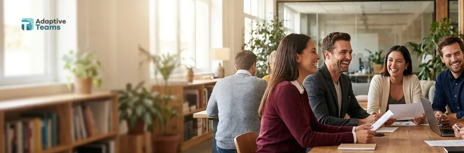 Colleagues laugh during a meeting at a table