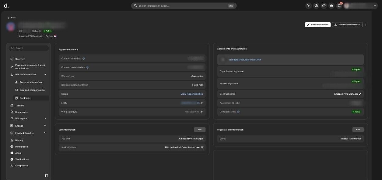 Deel contract screen with personal details blurred