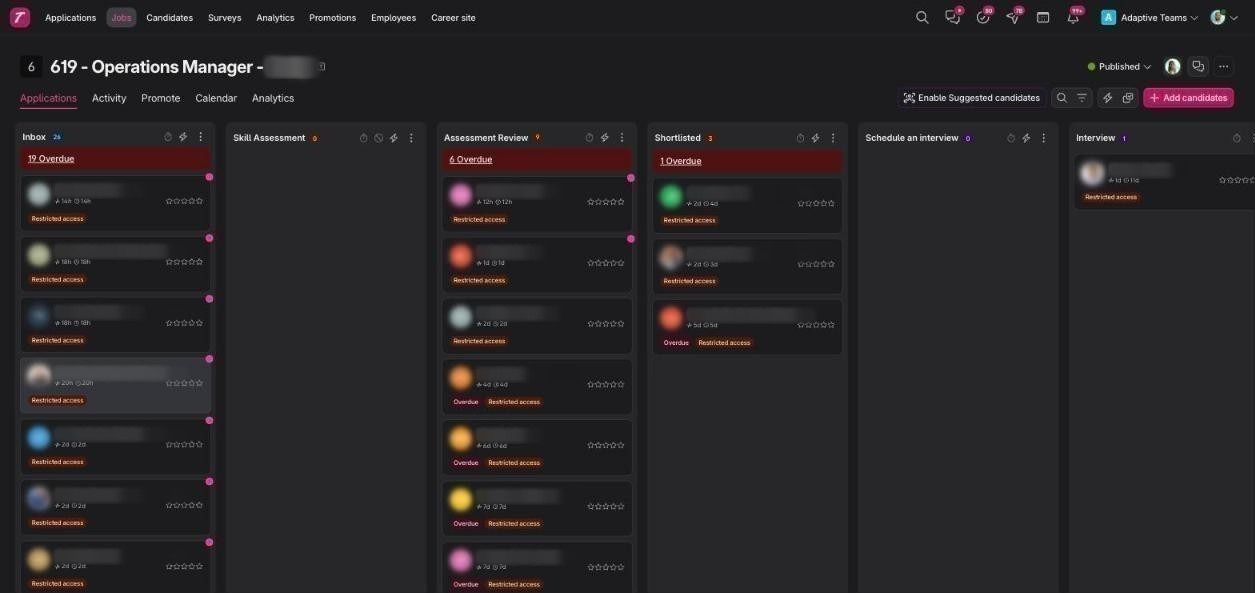 Teamtailor job pipeline with candidate names blurred
