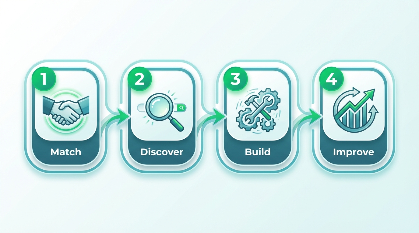 4-step AI automation workflow: Match, Discover, Build, Improve